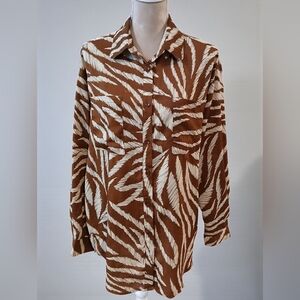 Nasty Gal Ovesized Button Down Shirt Medium Artsy Bold Abstract Print Brown